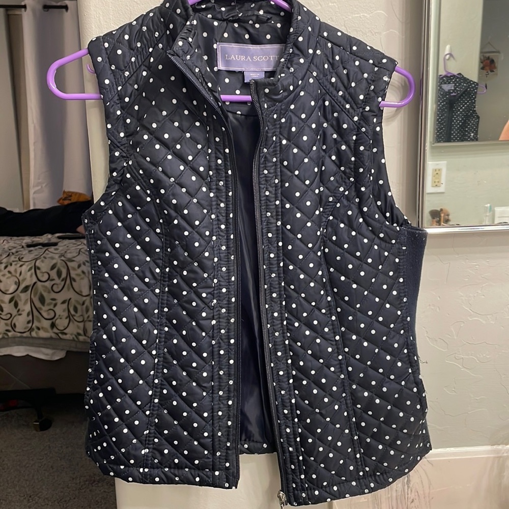 Navy blue polka dot vest, size small. Worn only a few times, good condition.
